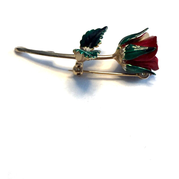 Vintage Red and Green Enamel Long Rose Stem on Gold-Tone Brooch Pin Floral - Picture 4 of 5